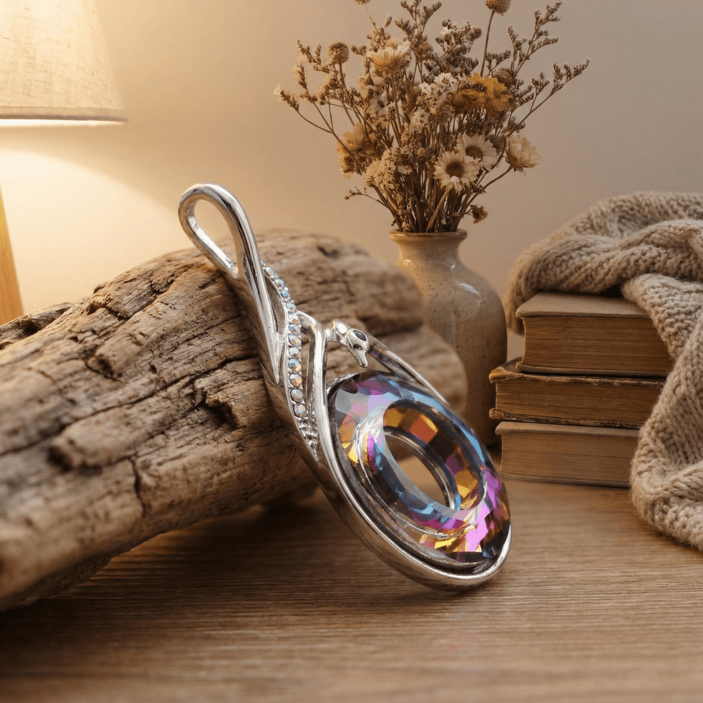 Chainstones Swarovski® AB Crystal Baroque Necklace | Rhodium Plated Silver | Aurora Borealis Pendant - Chainstones