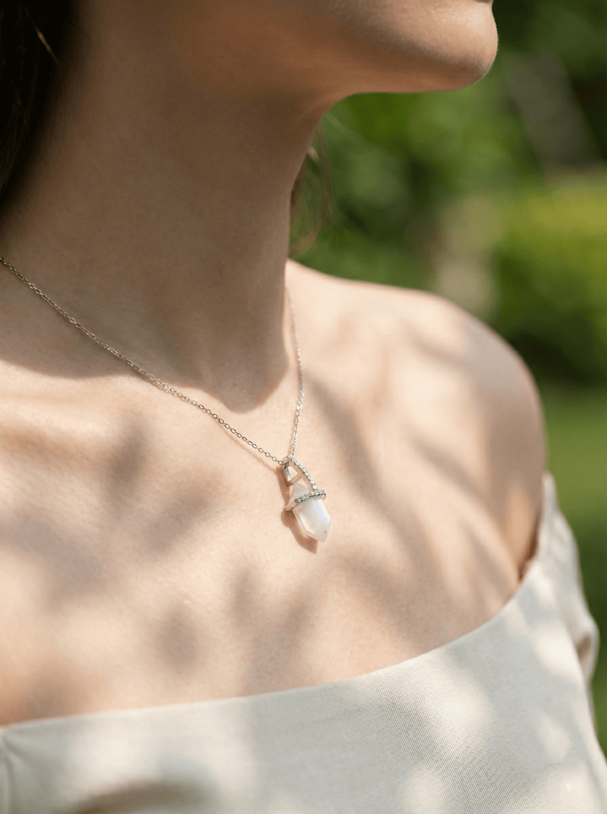 Rainbow Moonstone Teardrop Necklace in White Gold-Plated Sterling Silver - Chainstones
