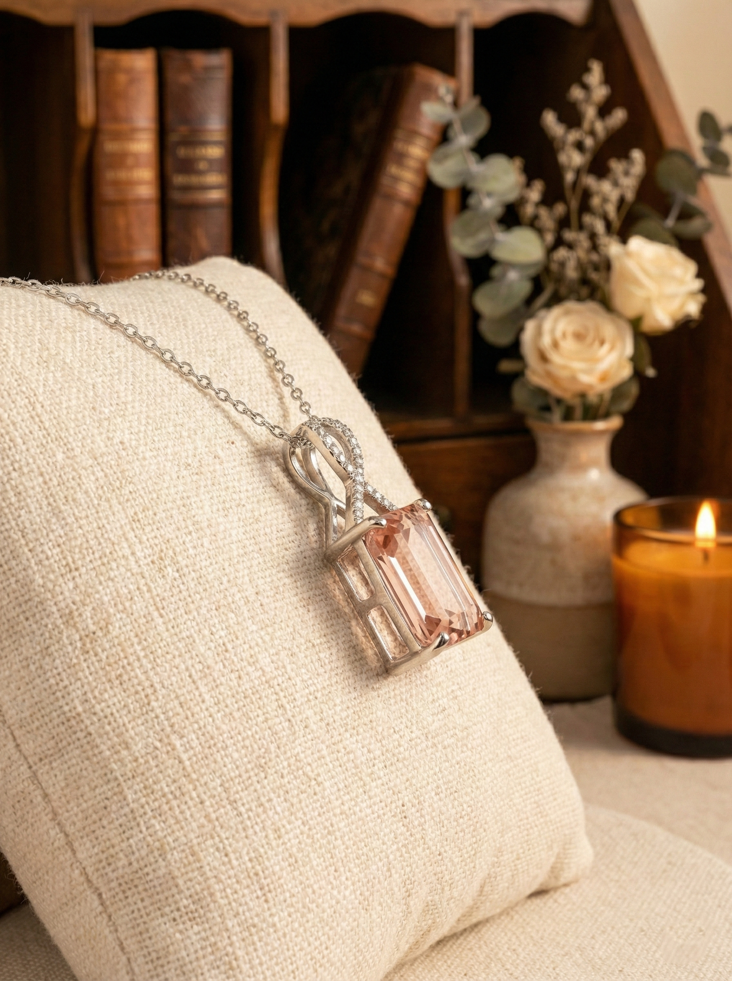 Chainstones Pink Morganite Necklace | Rose Gold Plated Silver | Peachy Pink Vintage Pendant