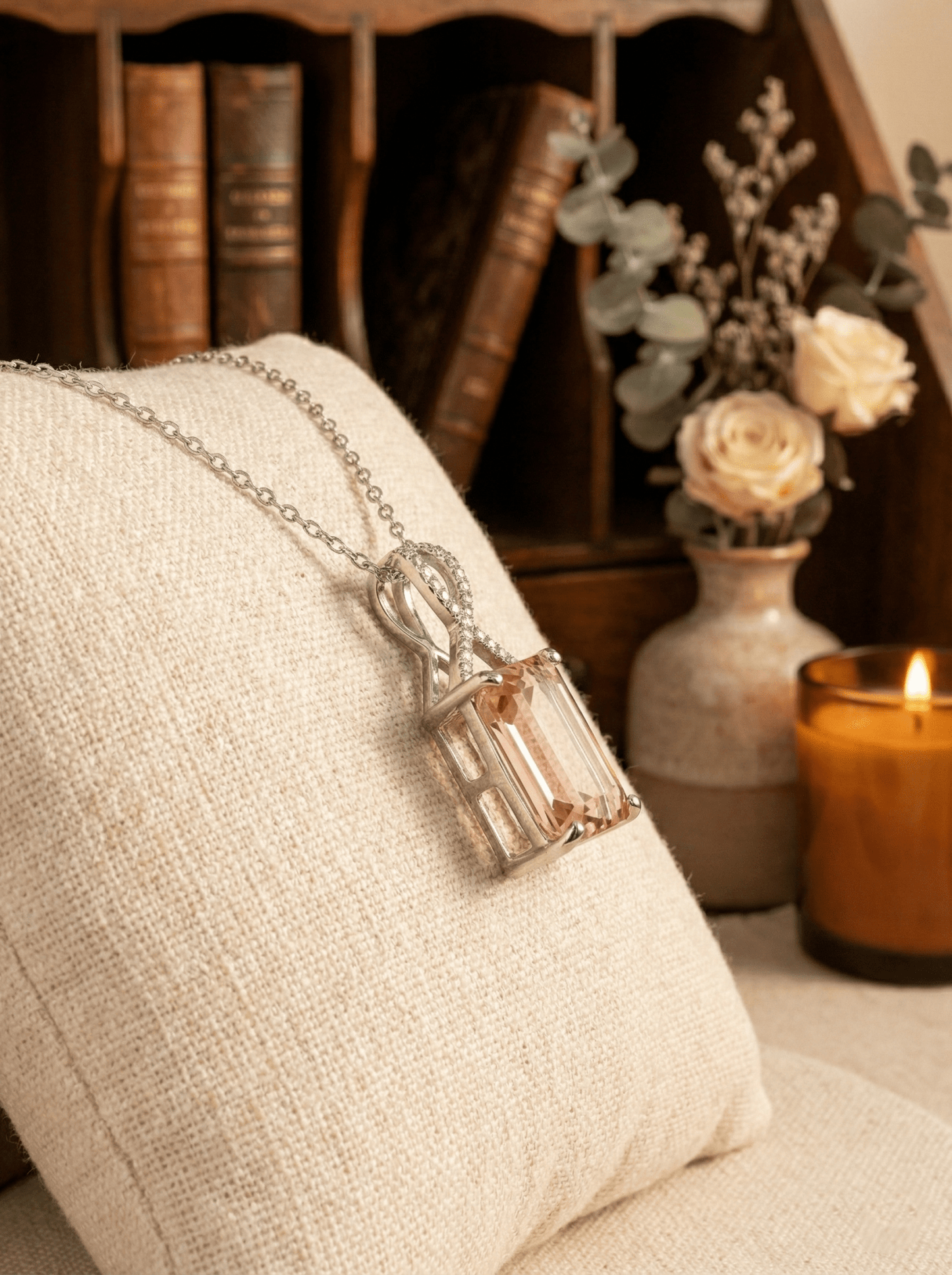 Chainstones Pink Morganite Necklace | Rose Gold Plated Silver | Peachy Pink Vintage Pendant - Chainstones