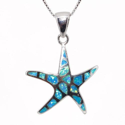 Chainstones Blue Opal Starfish Necklace | Mosaic Inlay Pendant | 925 Silver - Chainstones