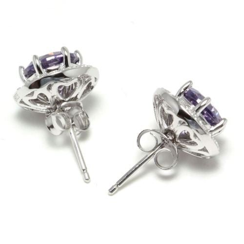 Chainstones Purple Zircon Halo Stud Earrings | 12mm Round Cut | 925 Sterling Silver - Chainstones