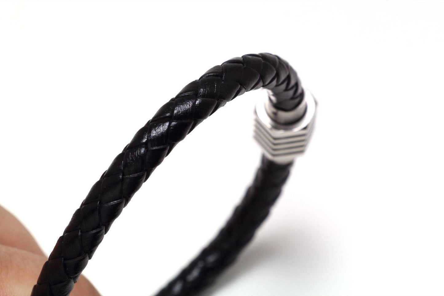 Chainstones Braided Black Leather Bracelet | 316L Stainless Steel Magnetic Clasp | Edgy Minimalist Band - Chainstones
