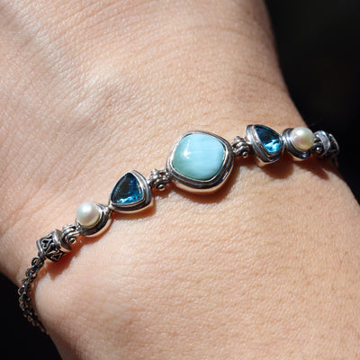 925 Sterling Silver Larimar Pearl Topaz Gemstones Bracelet - Chainstones