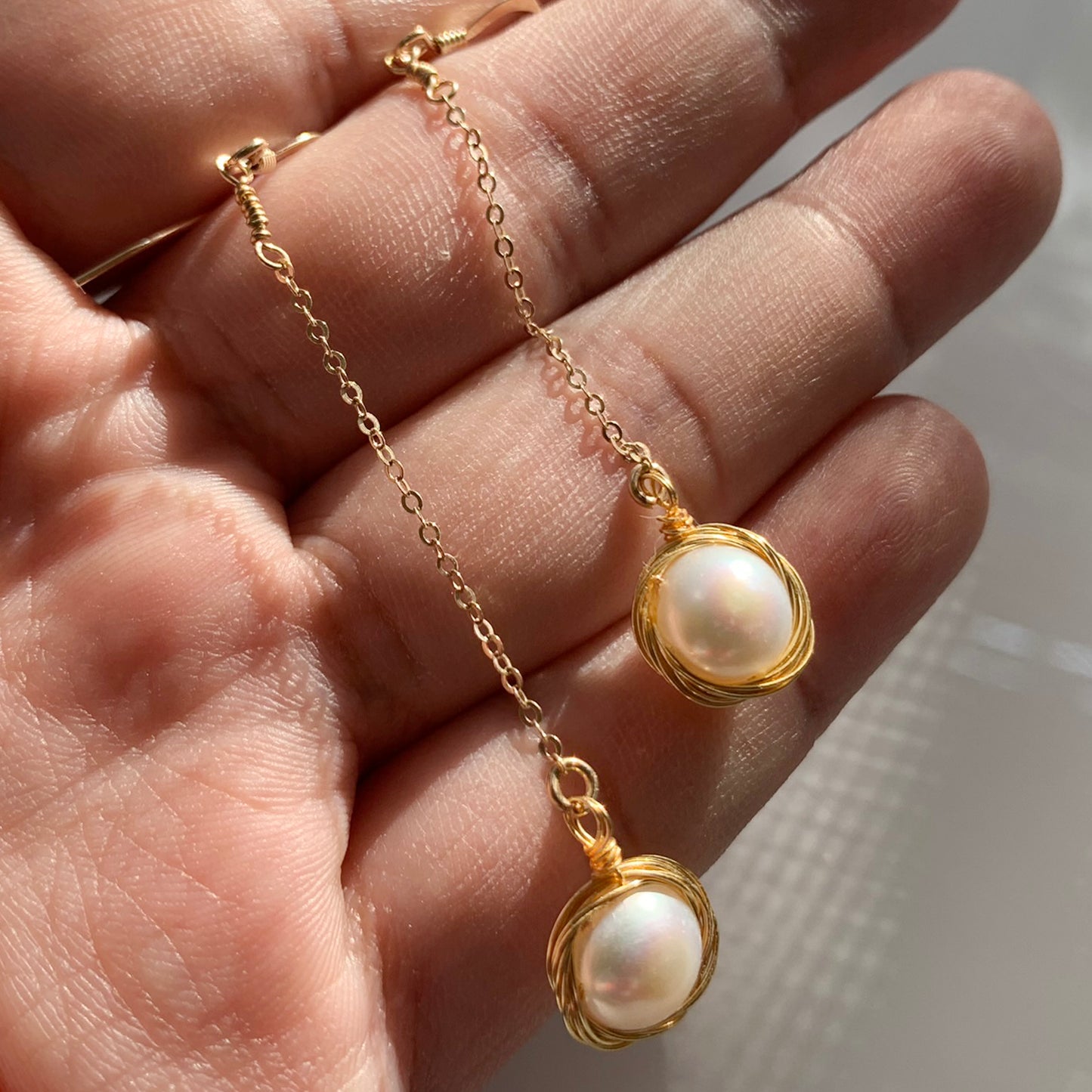 14K Gold Freshwater Pearl Drop Earrings - Chainstones