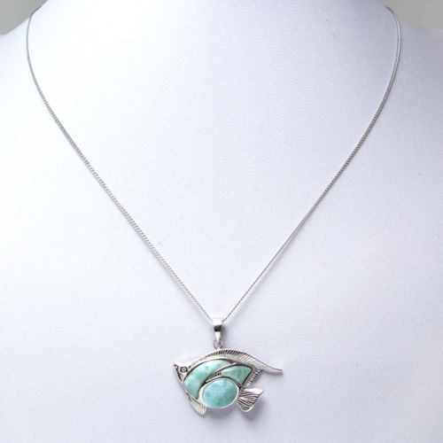 925 Sterling Silver Larimar Fish Pendant Necklace - Chainstones