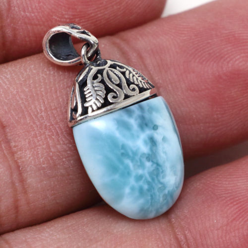 Dominican Larimar Gemstones Pendant Silver Necklace - Chainstones