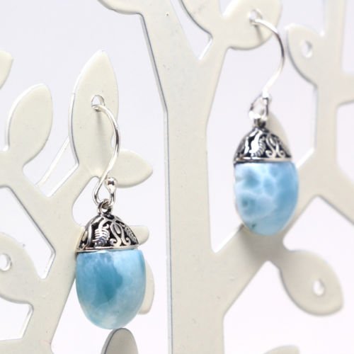 Chainstones Natural Larimar Drop Earrings | 1" Caribbean Blue Gemstone | 925 Sterling Silver - Chainstones