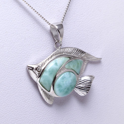 925 Sterling Silver Larimar Fish Pendant Necklace - Chainstones