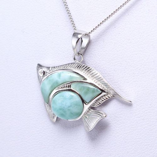 925 Sterling Silver Larimar Fish Pendant Necklace - Chainstones