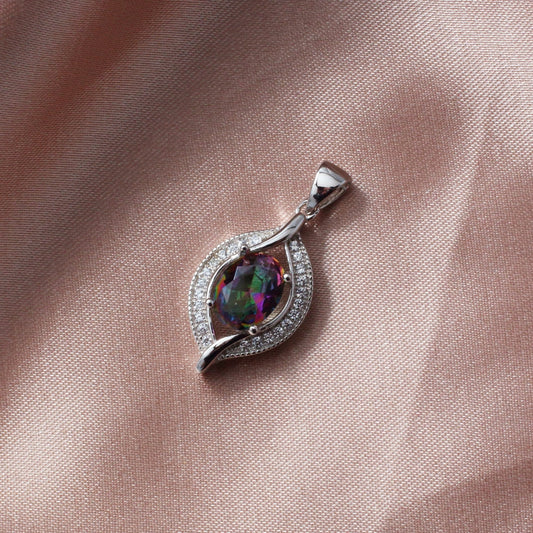 Chainstones Mystic Topaz necklaces showing oval and heart-cut rainbow-treated Topaz in sterling silver settings