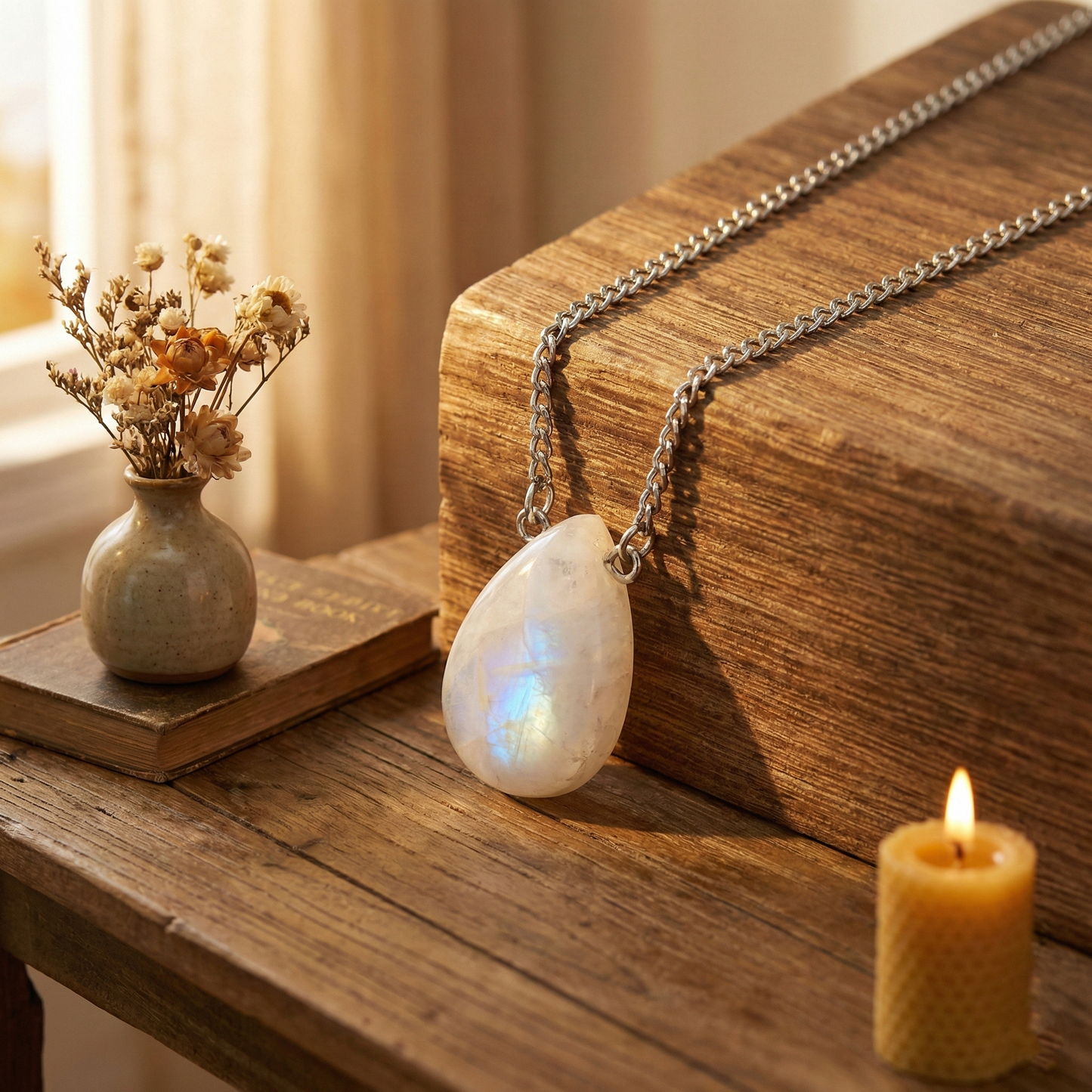 Chainstones Classic Moonstone Cabochon Necklace | 925 Sterling Silver [INSERT: Round / Oval] Pendant | Boho Essential