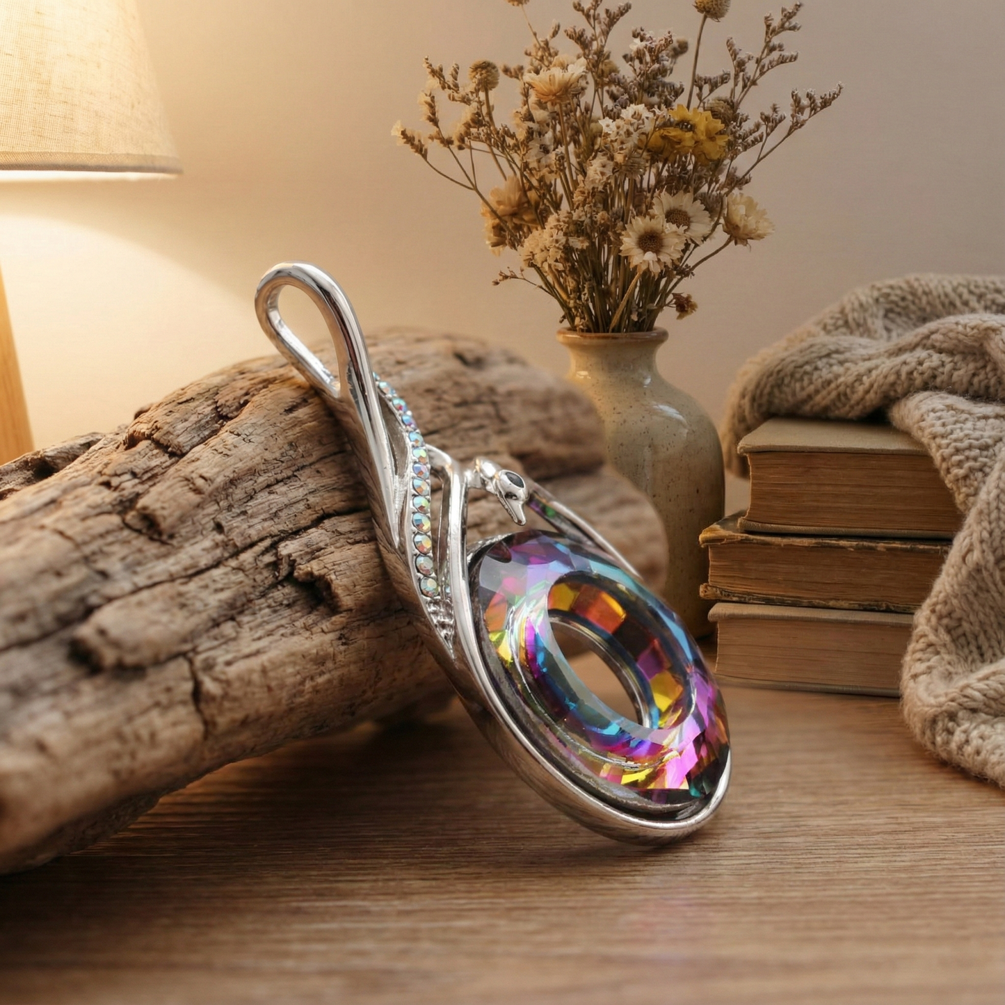 Chainstones Swarovski® AB Crystal Baroque Necklace | Rhodium Plated Silver | Aurora Borealis Pendant