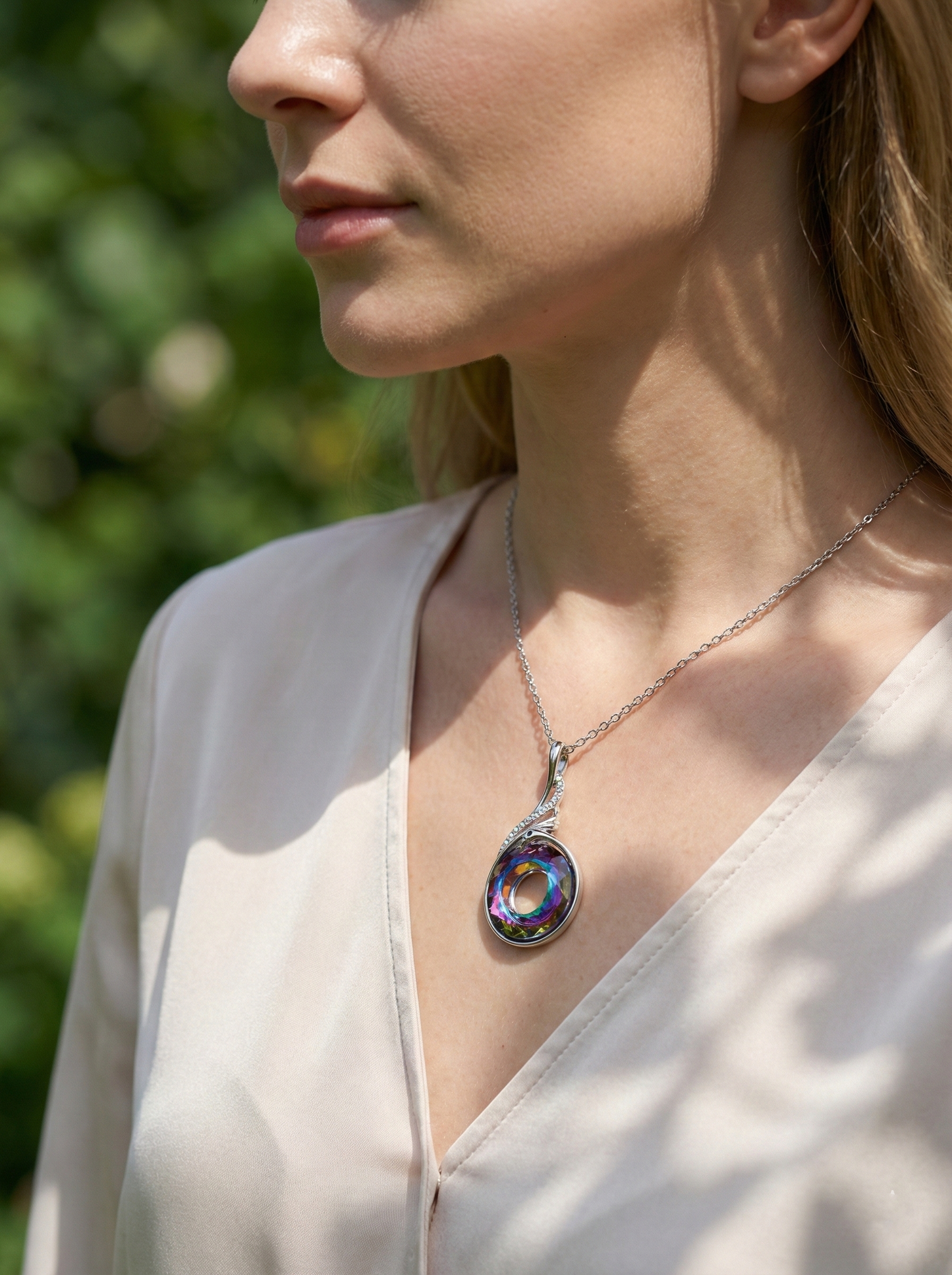 Chainstones Swarovski® AB Crystal Baroque Necklace | Rhodium Plated Silver | Aurora Borealis Pendant