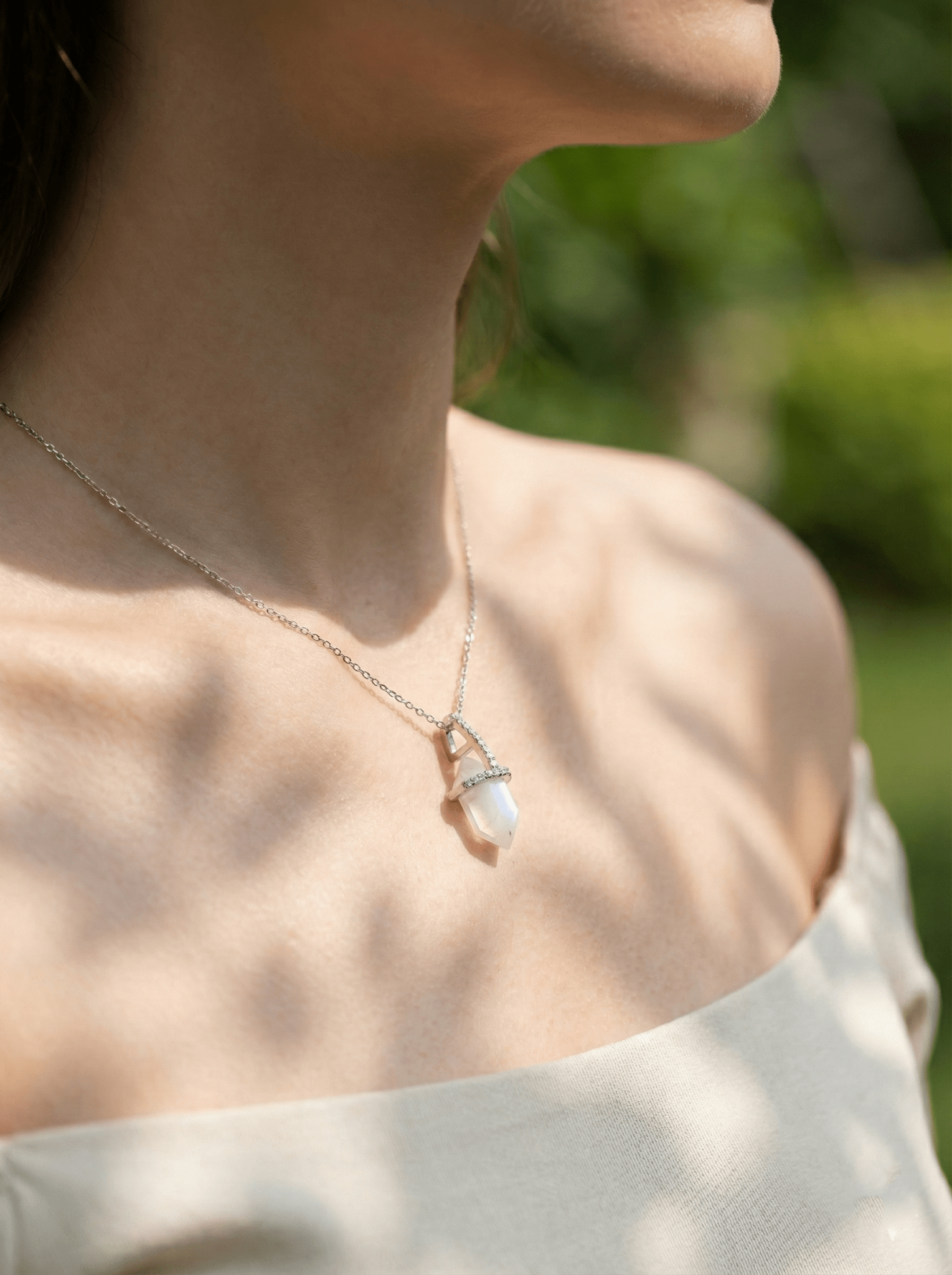 Rainbow Moonstone Teardrop Necklace in White Gold-Plated Sterling Silver - Chainstones