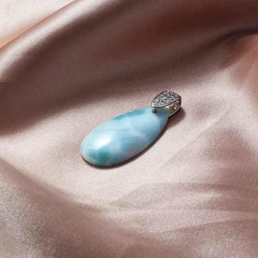 Chainstones Elongated Larimar Teardrop Necklace | CZ Pave Bale | 925 Silver