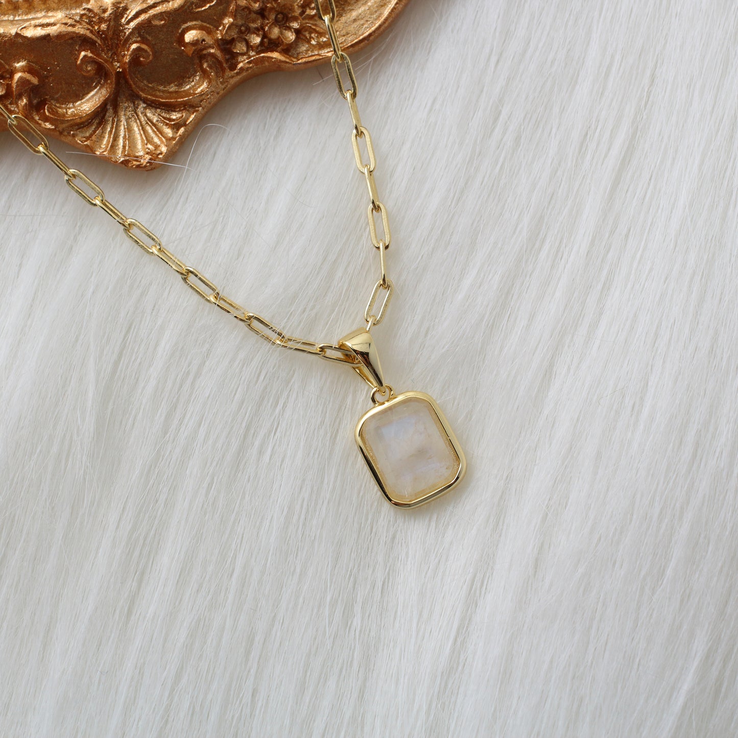 925 Sterling Silver Moonstone Gemstones Gold Pendant Necklace