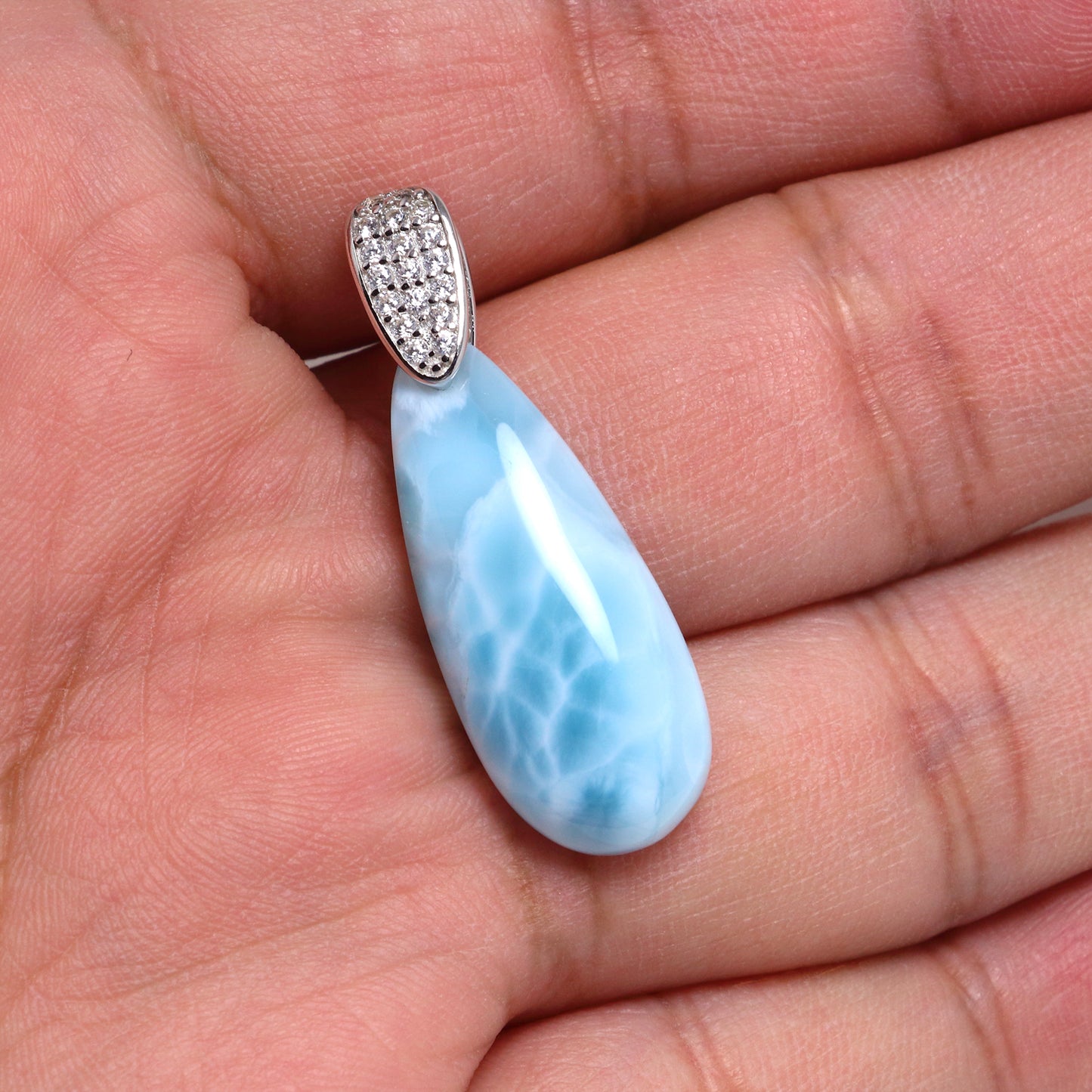 Chainstones Elongated Larimar Teardrop Necklace | CZ Pave Bale | 925 Silver