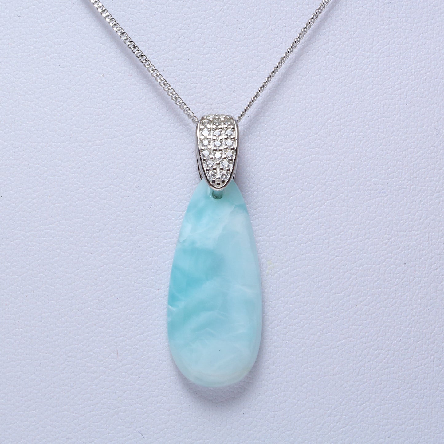 Chainstones Elongated Larimar Teardrop Necklace | CZ Pave Bale | 925 Silver