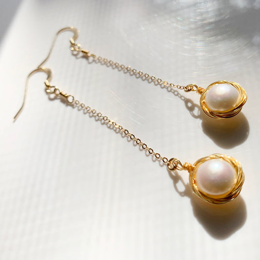 14K Gold Freshwater Pearl Drop Earrings - Chainstones