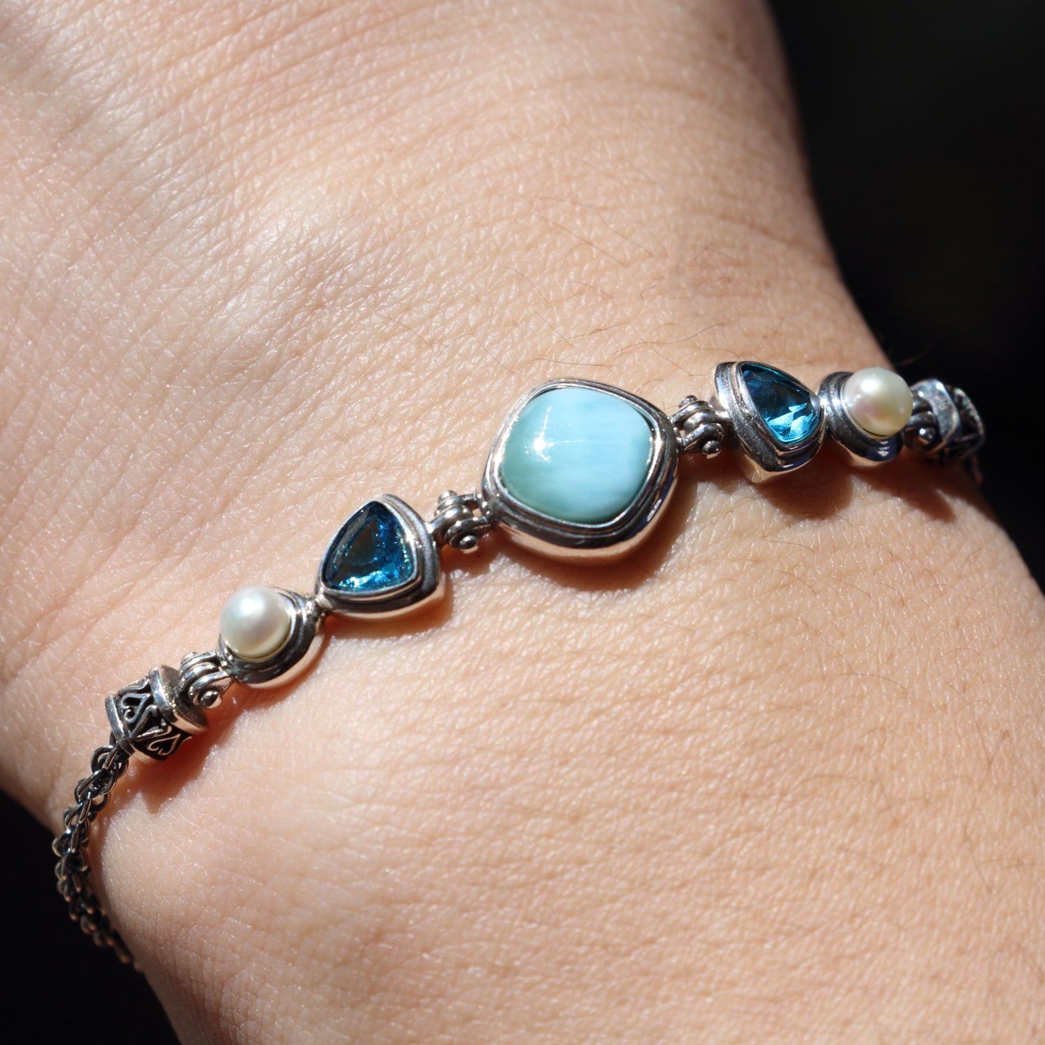 925 Sterling Silver Larimar Pearl Topaz Gemstones Bracelet