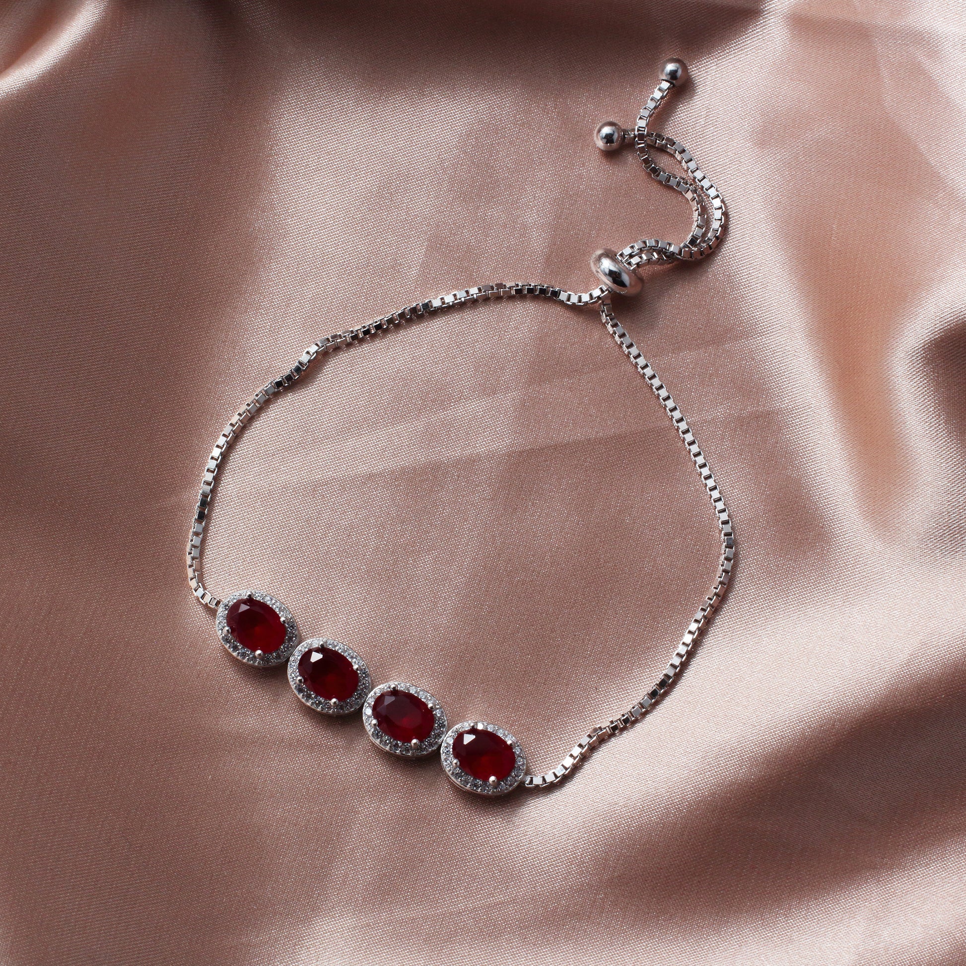 925 Sterling Silver Red CZ Gemstones Bracelet - Chainstones