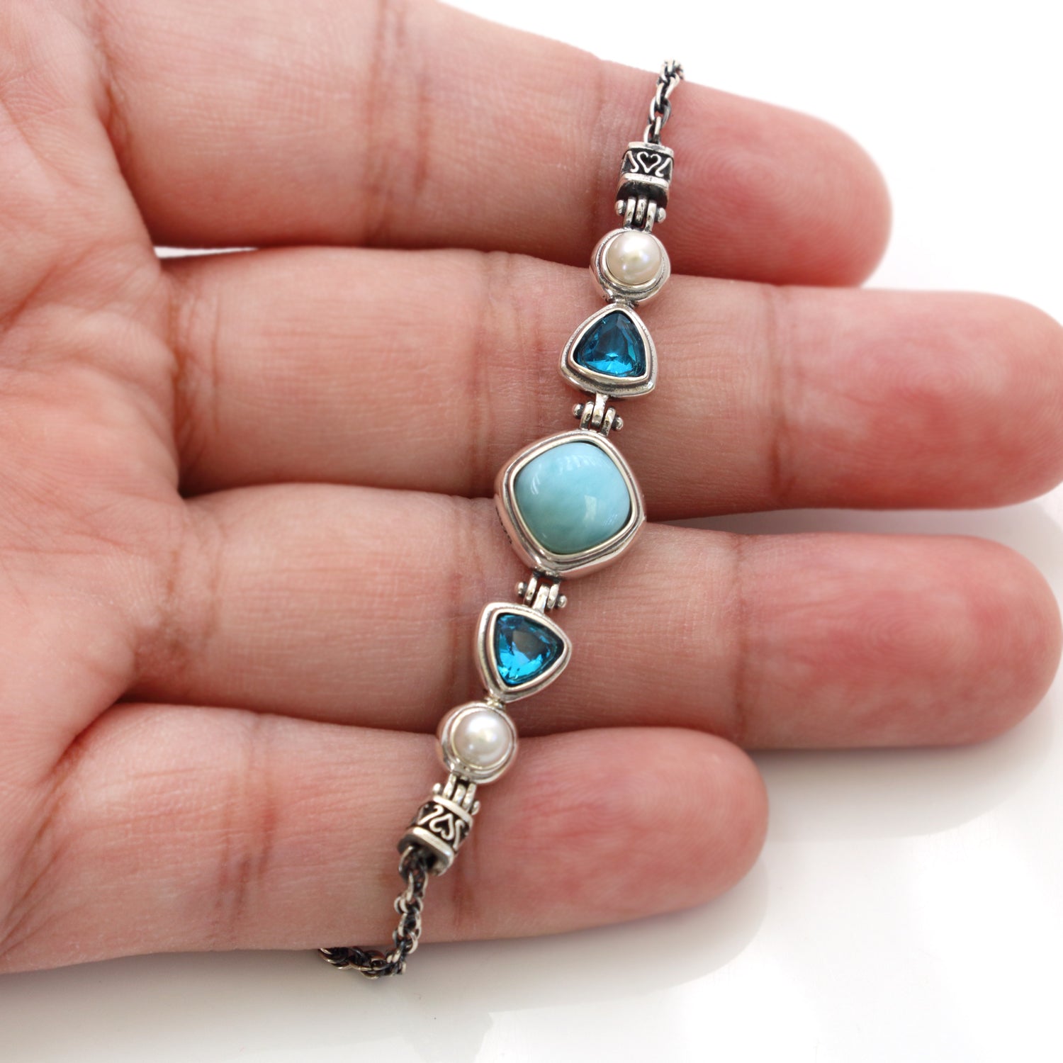 Pearl Topaz Larimar 925 Silver Bracelet - Chainstones