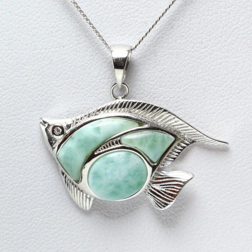 925 Sterling Silver Larimar Fish Pendant Necklace - Chainstones